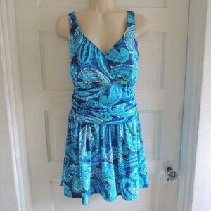 D & Co. Beach Blue & Green Paisley Ruched Swim Dress One Piece Skirt 16